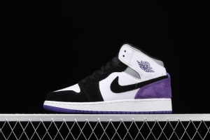 Air Jordan 1 Mid GS black, white and purple Zhongbang basketball shoes BQ6931-105