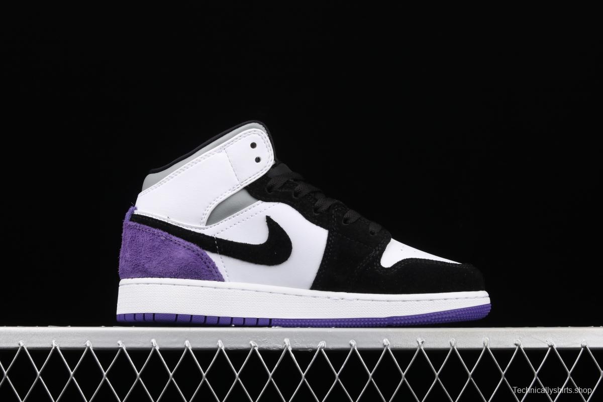 Air Jordan 1 Mid GS black, white and purple Zhongbang basketball shoes BQ6931-105