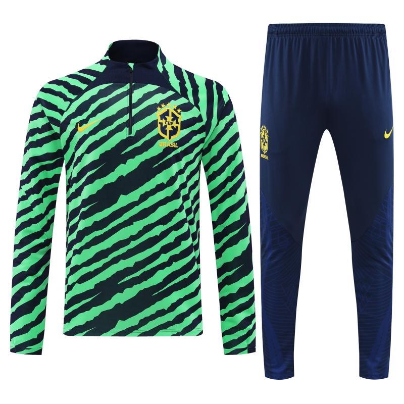 2022 Brazil Green Stripe Half Zipper Tracksuit