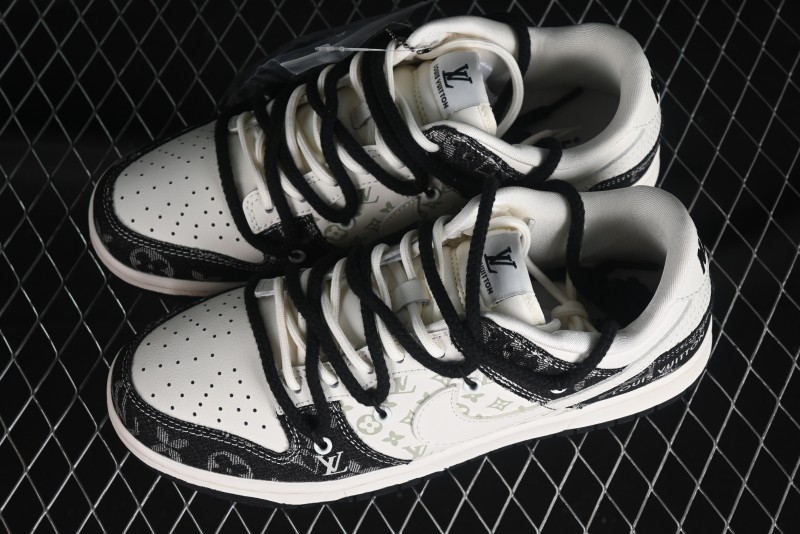 Nike SB Dunk Low LV Collaboration - Black Denim Print Anniversary High-End Custom Low-Top Casual Skate Shoes - SJ2068-238