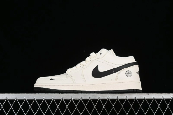 Nike Air Jordan 1 Low AJ1 Stone Island Collaboration - Off White Black Retro Low-Top Basketball Shoes - LJ6688-003