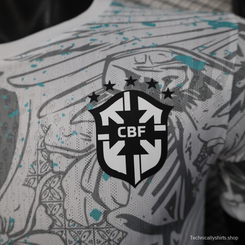 Player Version 2025 Brazil White with Blue Macaw Jersey