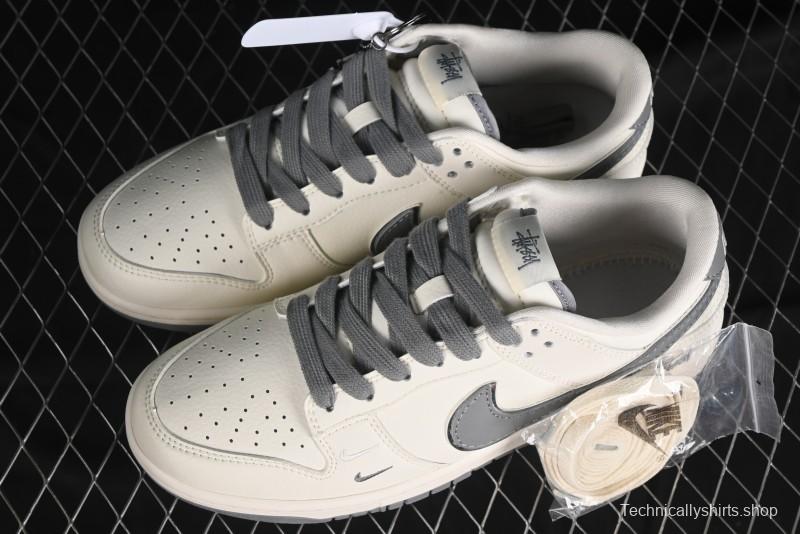 Nike SB Dunk Low Stussy Collaboration - Off White Dark Grey Swoosh Anniversary Custom Low-Top Casual Skate Shoes - DQ1098-382