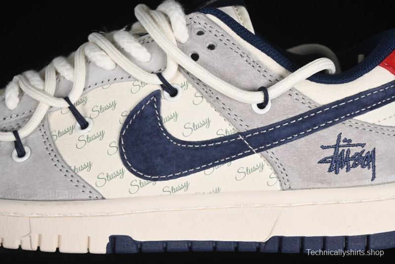 Nike SB Dunk Low Stussy Collaboration - Lace-Up Off White Navy Swoosh Anniversary High-End Custom Low-Top Casual Sneakers - SJ2068-308