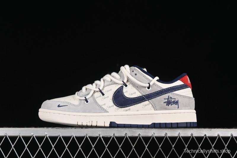 Nike SB Dunk Low Stussy Collaboration - Lace-Up Off White Navy Swoosh Anniversary High-End Custom Low-Top Casual Sneakers - SJ2068-308