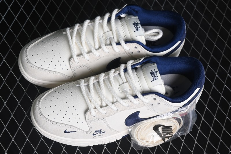 Nike SB Dunk Low Supreme x Stussy Triple Collaboration - Off White Navy Swoosh Anniversary High-End Custom Low-Top Casual Skate Shoes - SJ2068-271