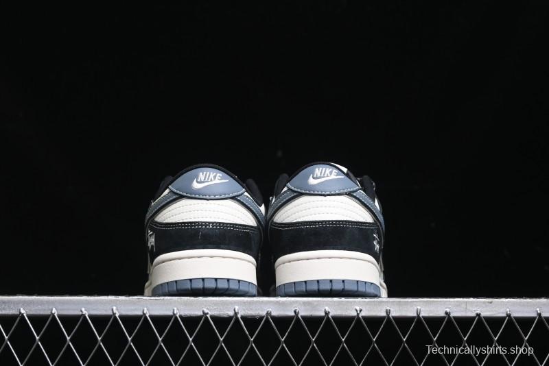 Nike SB Dunk Low Stussy Collaboration - Black White Print Anniversary Custom Low-Top Casual Sneakers - XX3168-212