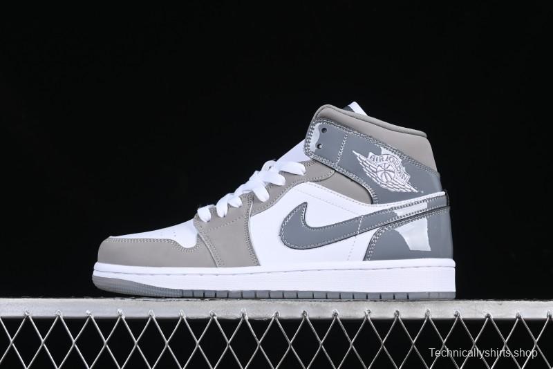Nike Air Jordan 1 Mid AJ1 High-Top Basketball Shoes in White Grey Patent Leather - HF3216-100