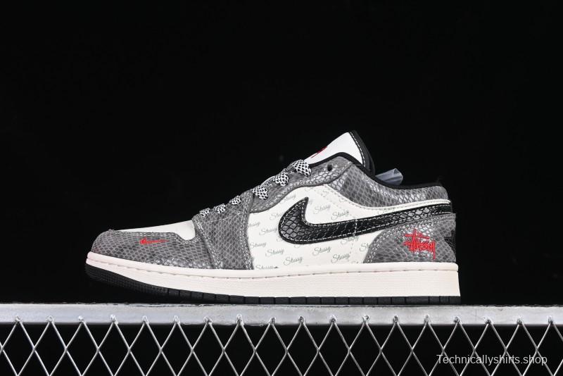 Nike Air Jordan 1 Low Retro Basketball Shoes with Custom Stussy Grey Snake Design - FC1688-202