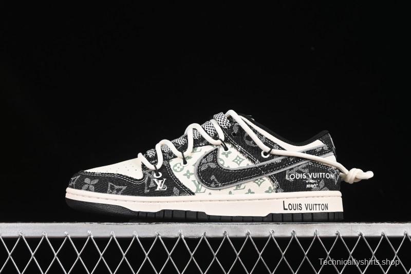 Nike SB Dunk Low LV Collaboration Strap Black Denim Print Anniversary High-End Custom Low-Top Casual Skate Shoes - YX5066-320