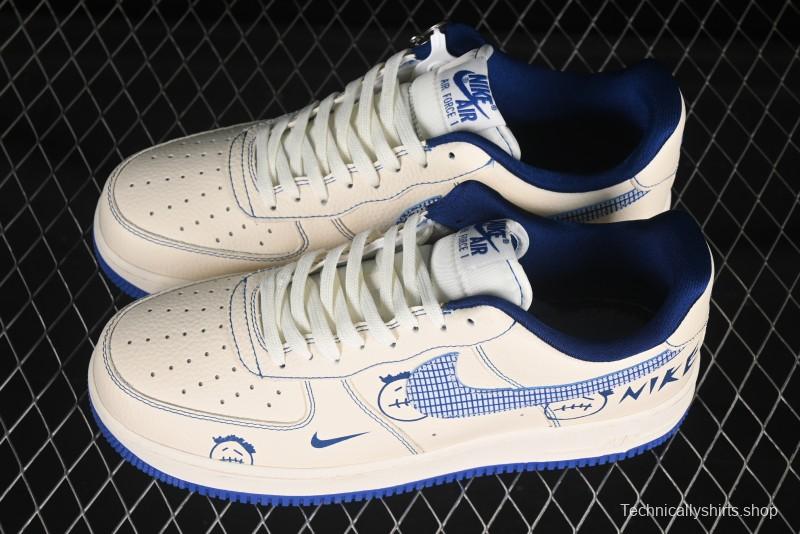 Nike Air Force 1'07 Low Casual Sneakers with Blue Line Ghost Face Design - DF0188-053