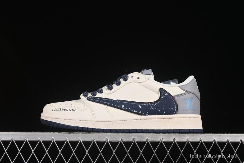Nike Travis Scott x Fragment Design x Air Jordan 1 Low OG SP Sneakers with Splatter Blue Swoosh - ZH2598-242