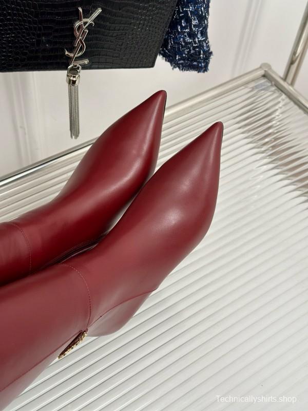 2024 Women Gucci Wine Leather Knee High Boots Chain Link MJ00550