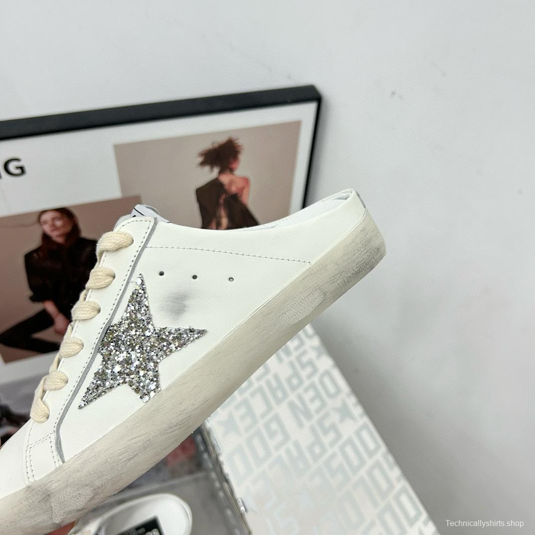 2025 Women GGDB White Silver Leather Suede Star Mules
