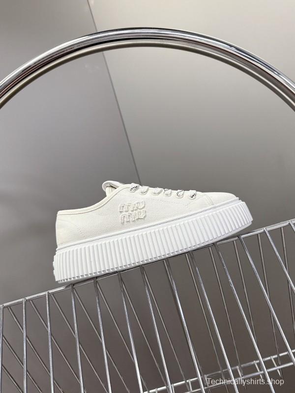 2025 Women Miu Miu White Canvas Sneakers