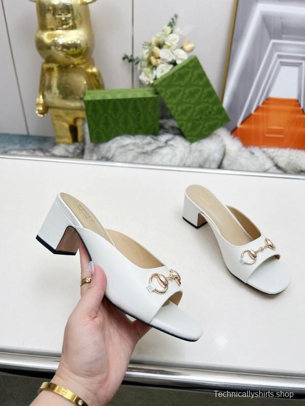 2025 Women Gucci White Leather Heeled Slippers MJ00180
