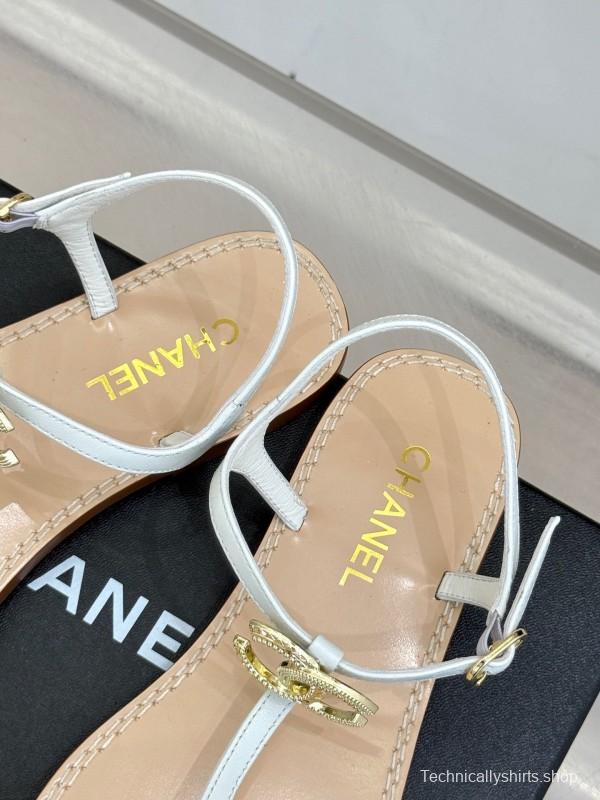 2025 Women Chanel White Leather Sandals KFY00290