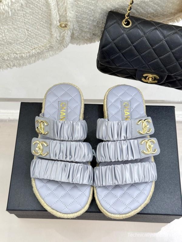 2025 Women Chanel Silver Leather Slippers KFY00230