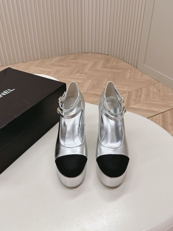 2025 Women Chanel Silver Black Leather Mary Jane Platform Heels