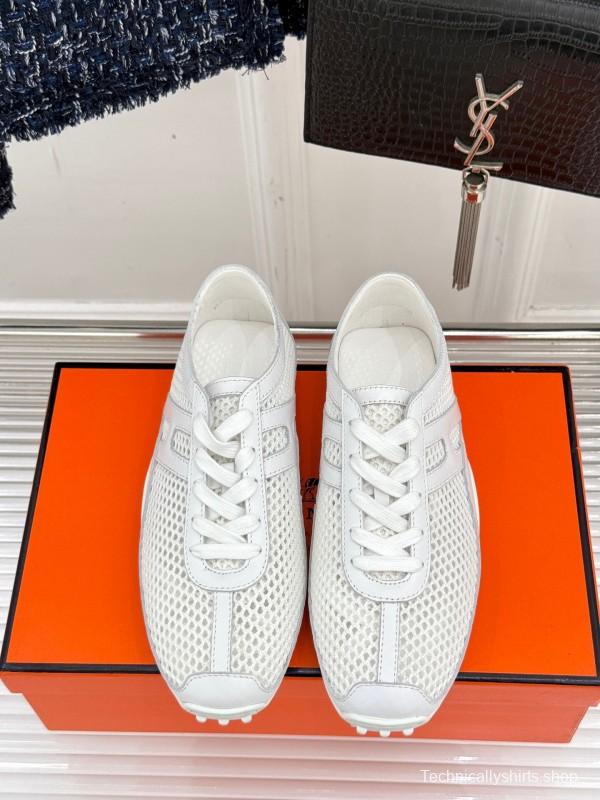 2025 Women Hermès White Mesh Leather Sneakers