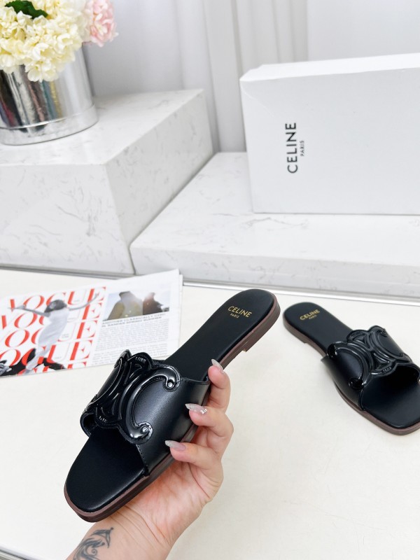 2025 Women Celine Black Leather Slippers LY00190