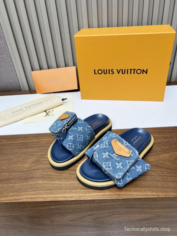 2025 LV Blue Denim Leather Slippers