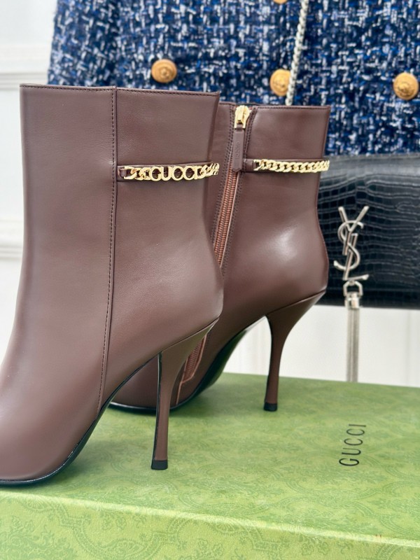 2024 Women Gucci brown calf leather ankle boots chain MJ00410
