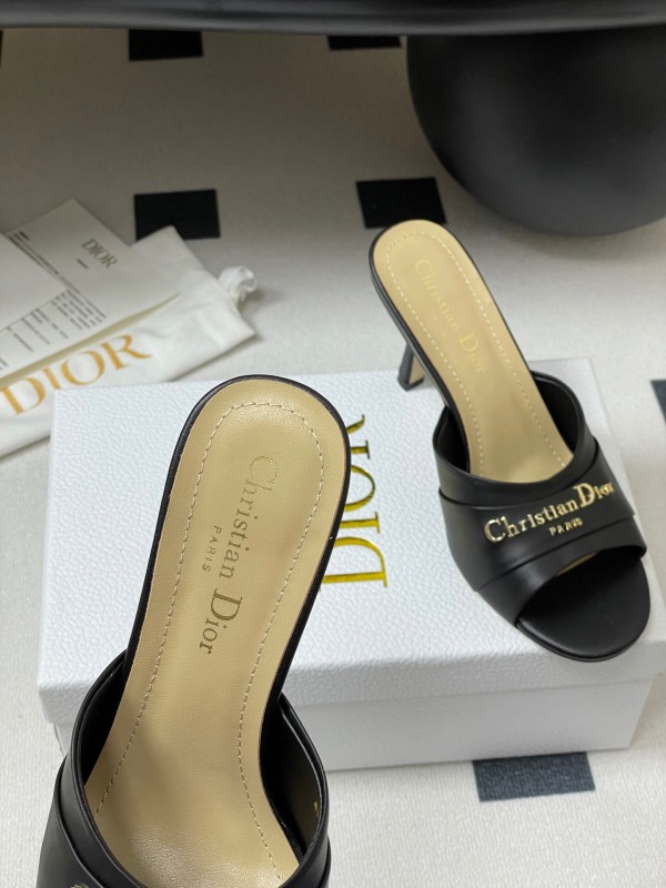 2025 Women Dior Black Leather High Heel Mules