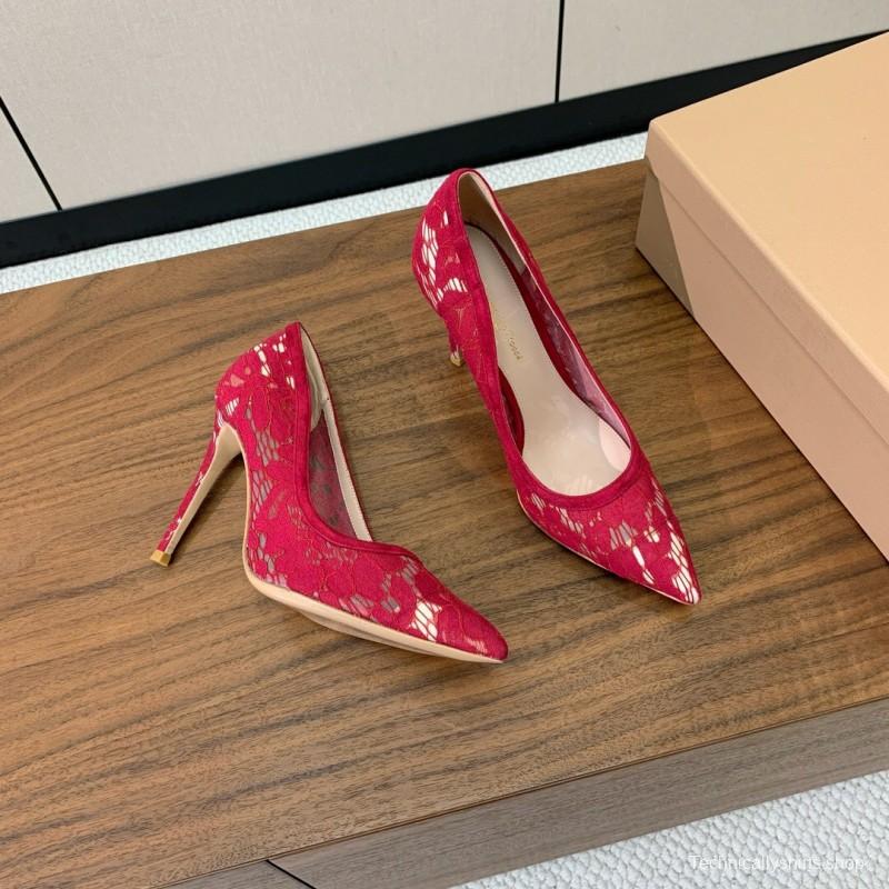 2025 Women Gianvito Rossi Red Lace Leather Pumps KFY00280