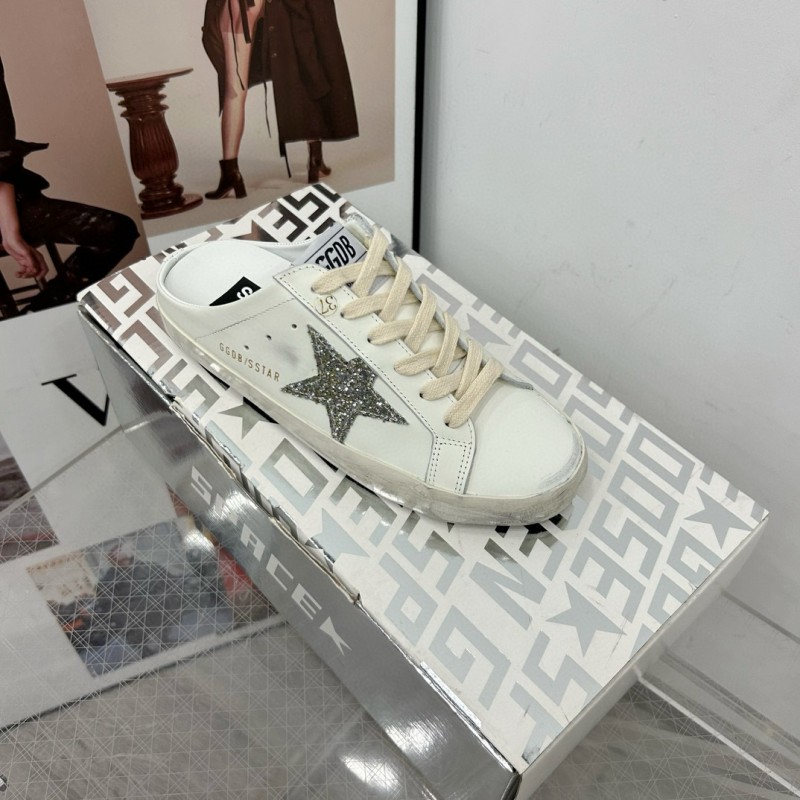 2025 Women GGDB White Silver Leather Suede Star Mules