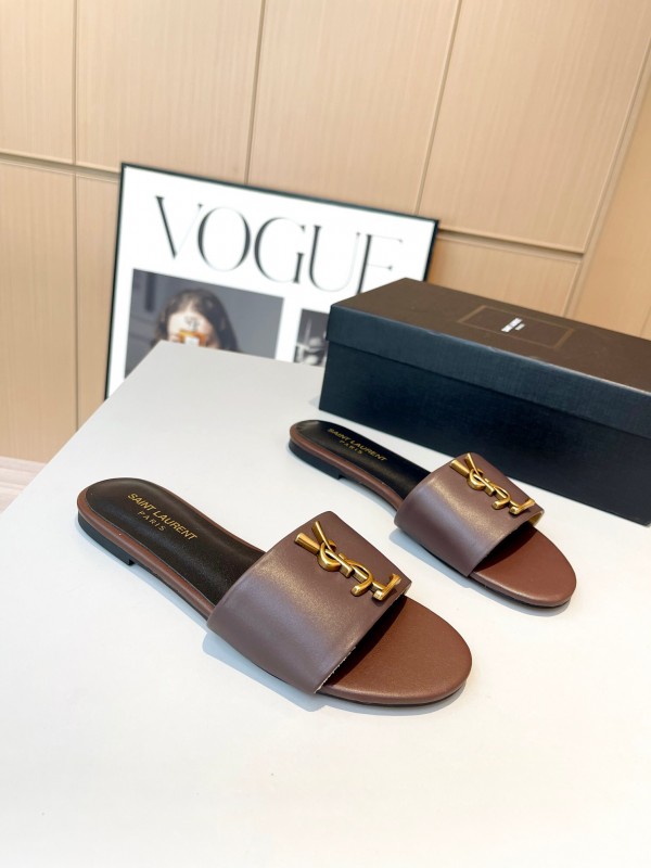 2025 Women Yves Saint Laurent Brown Leather Slippers LY00180
