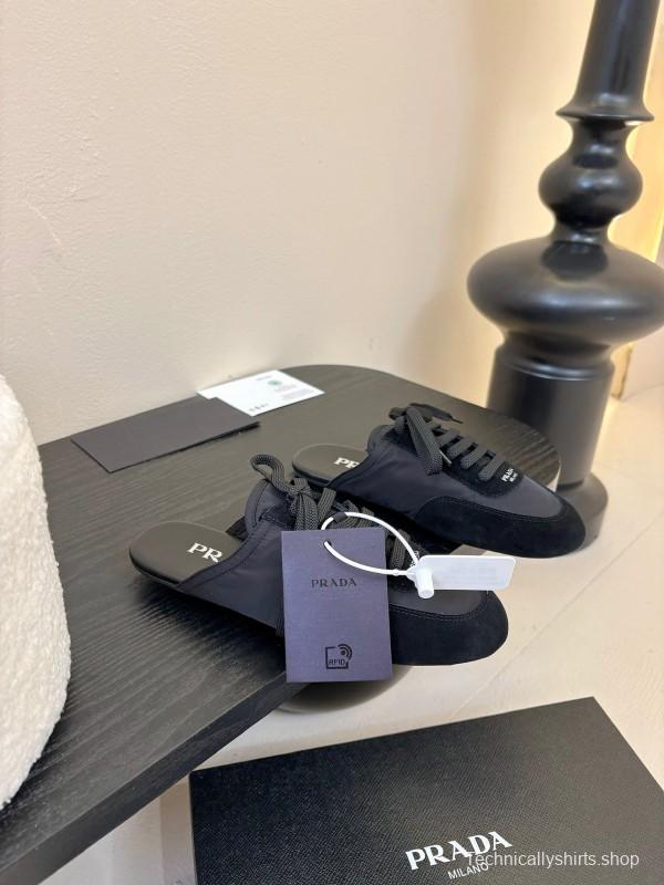 2025 Women Prada Black Suede Nylon Casual Lace-up Shoes