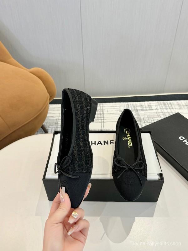 2025 Women Chanel Black Wool Ballet Flats LY00250