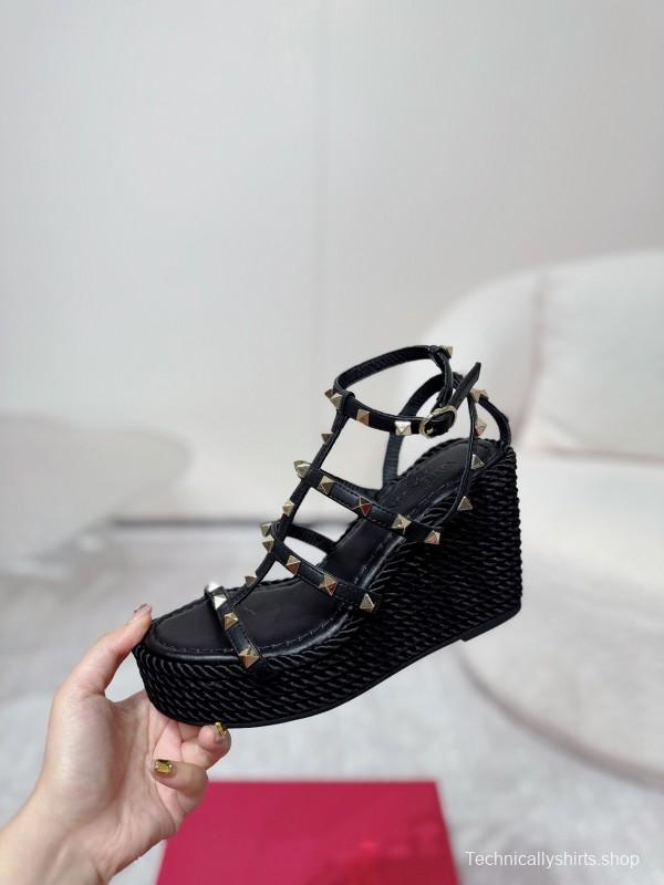2025 Women Valentino Black Leather Studded Wedge Sandals