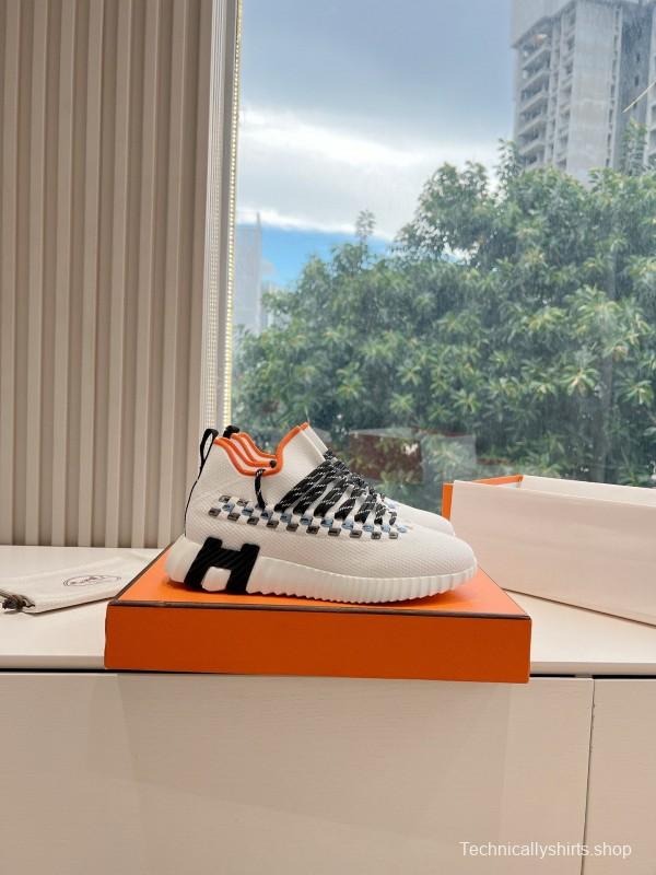 2024 Unisex Hermès White Black Orange Calf Suede Sneakers MJ00290