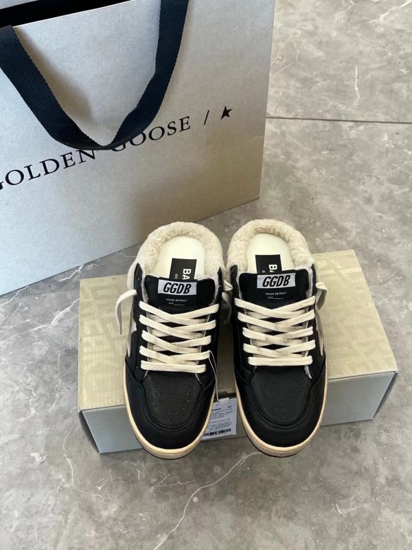 2024 GGDB Black White Leather Shearling Slippers MJ00280