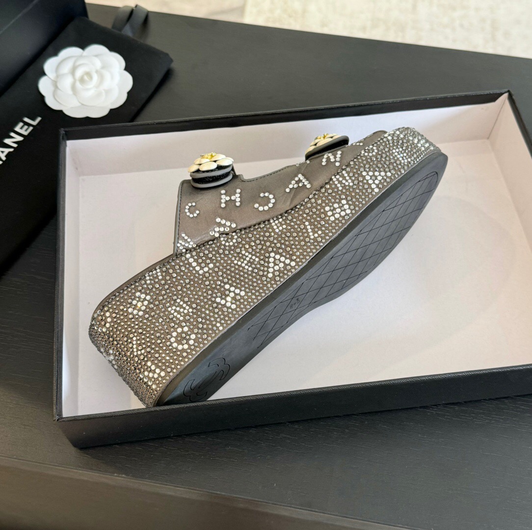 2025 CHANEL Grey Leather Platform Slippers LY00330