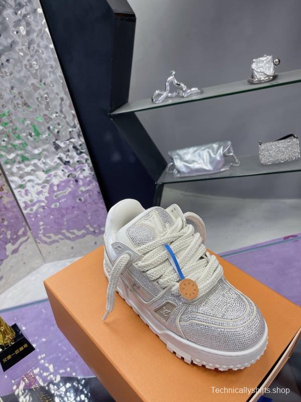 2024 Unisex Louis Vuitton White Silver Leather Trainers Crystal Embellished MJ00430