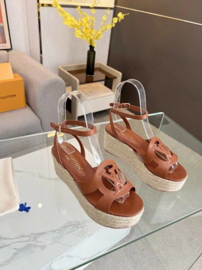 2025 Women Louis Vuitton Brown Leather Espadrille Wedge Sandals MJ00280