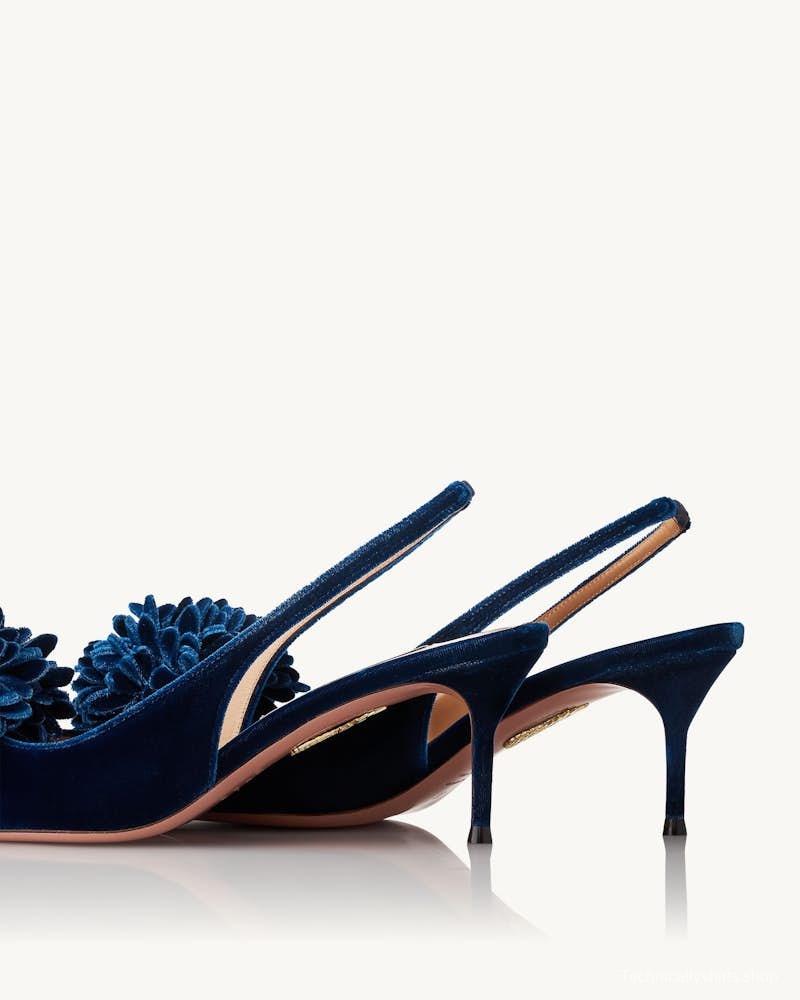 2025 Women Aquazzura Deep Blue Velvet Slingback Pom Pom Pumps KFY00320