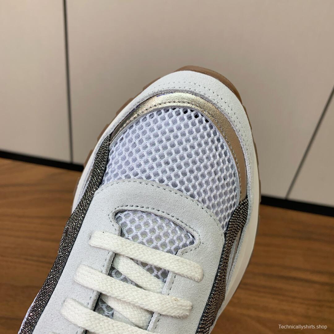 2025 Women Brunello Cucinelli White Silver Mesh Leather Sneakers