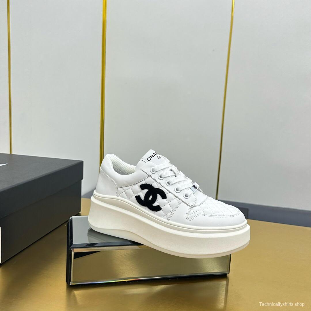 2025 Women Chanel White Leather Sneakers Thick Sole