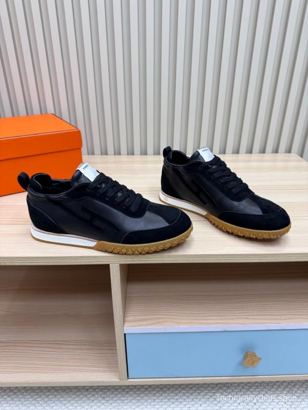 2025 Unisex Hermès Black Brown Suede Goat Leather Down Fabric Sneakers Top Version KFY00300
