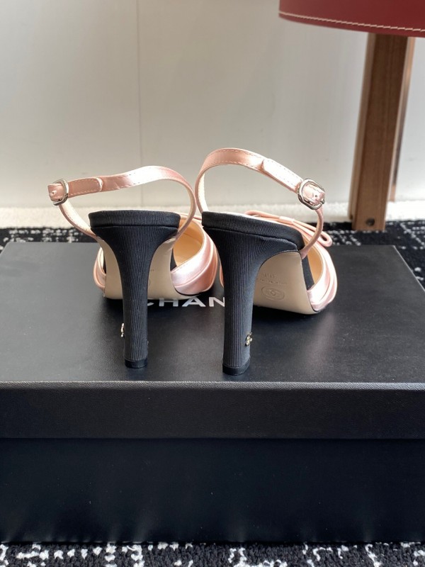 2025 Women Chanel Pink Black Satin Leather Slingback Heels KFY00289