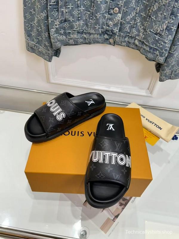 2025 Slippers Louis Vuitton Black Leather Slippers LY