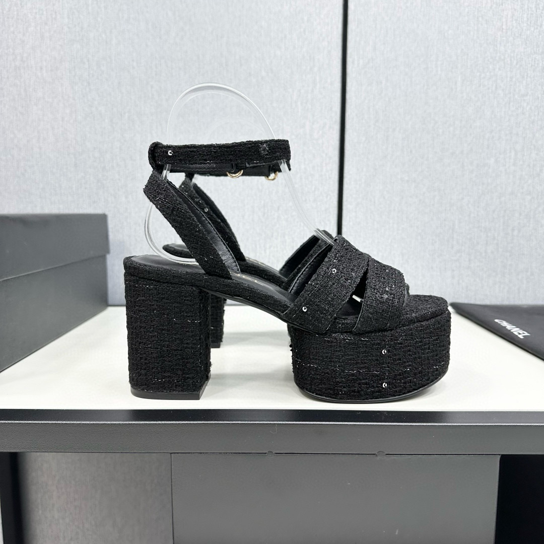 2025 Women Chanel Black Fabric Platform Sandals MJ00310