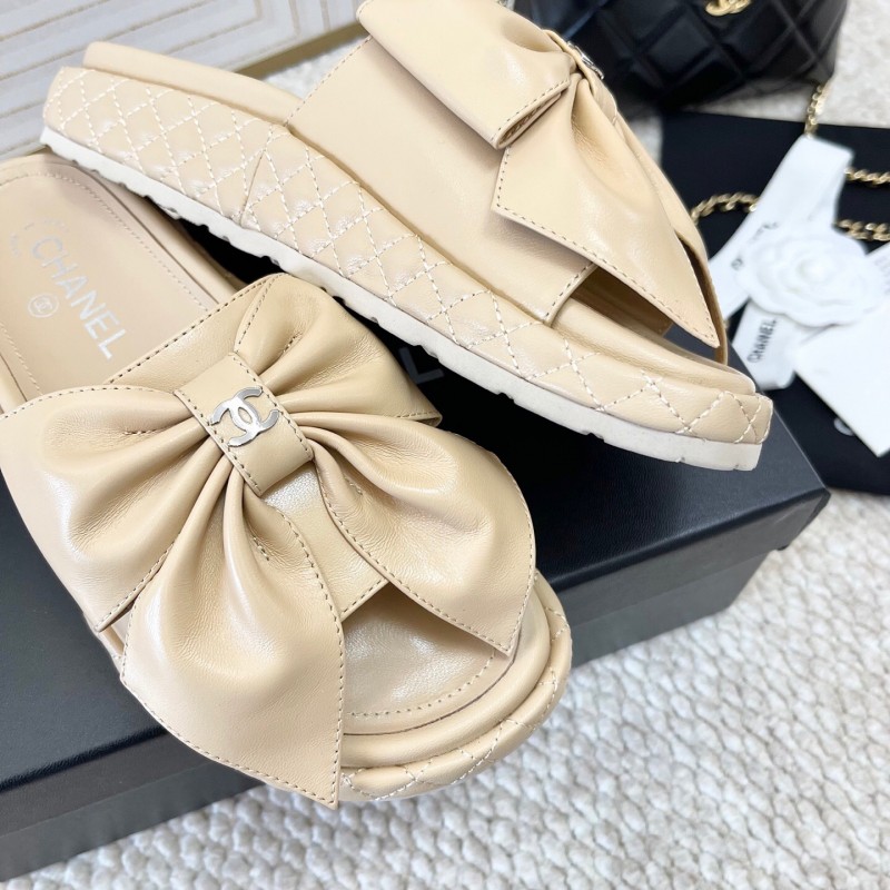 2025 Women Chanel Beige Leather Slippers Bow KFY00310