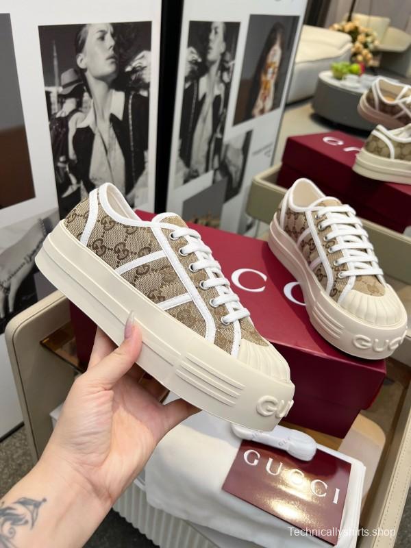 2025 Women Gucci Beige Brown Canvas Platform Sneakers Non-heritage Layered Stitching LY00270