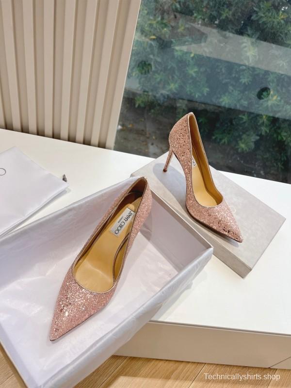2025 Women Jimmy Choo Pink Glitter Leather Pointed Toe Pumps KFY00280