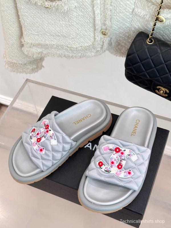 2025 Slippers Chanel Silver Floral Embroidery Leather Slippers KFY00260